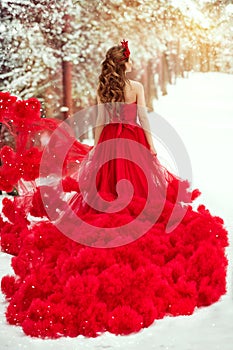 Woman Red Dress and Winter Snow, Fashion Model in Ruched Fluffy Waving Gown, Rear View