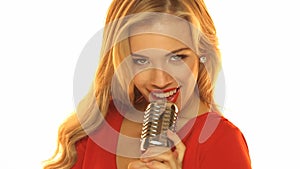 Woman In Red Dresss Holding Microphone