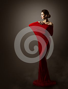 Woman Red Fashion Dress Art, Elegant Model Posing, Long Gown