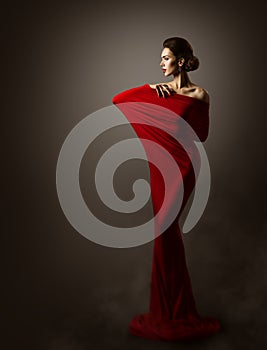Woman Red Fashion Dress Art, Elegant Model Posing, Long Gown photo