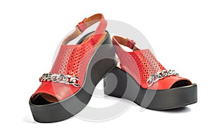 Woman red fashion shoes isolated on white background. Pair of female summer shoe on white background. Modern womens fashion shoes