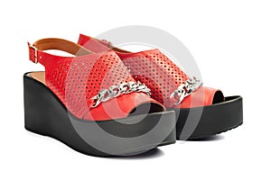 Woman red fashion shoes isolated on white background. Pair of female summer shoe on white background. Modern womens fashion shoes