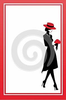 a woman in a red hat and black dress holding a bouquet of roses