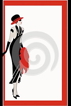 a woman in a red hat and black dress holding a feather