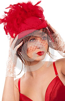 woman in red hat with net veil