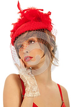 Woman in red hat with net veil isolated