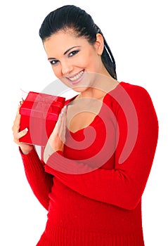 Woman In Red Holding Gift