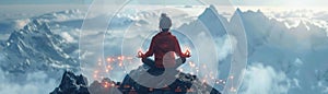 A woman in red jacket and black pants is meditating on the top of the mountain. She is in a state of nirvana. The sky is blue and photo