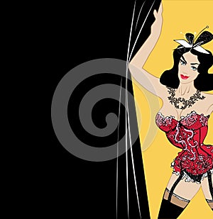 Woman in red lingerie, brunette with bow on the head is holding the curtain. opens a cabaret show. template for Billboar