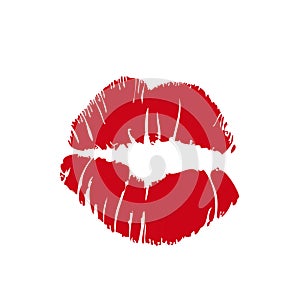 Woman red lipstick kiss mark print on white background