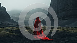 a woman in red with a long cape, standing alone in front of the mountains