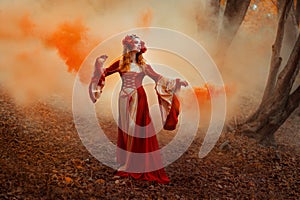 Woman in red medieval dress