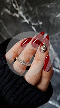 A woman with red nails and diamond rings