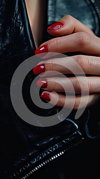Woman with red nails and leather jacket
