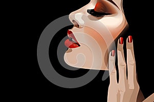 a woman with red nails and a red lipstick on her face with her hand on her face and her hand on her face with a red lipstick on