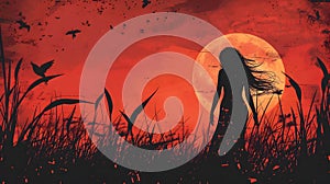 Woman in Red Nightmarish Illustration with Foliage and Moon