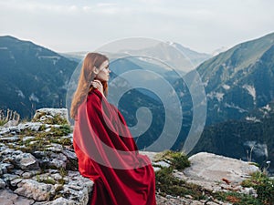 woman with red plaid Cool air mountains nature photo