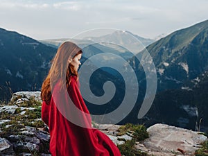 woman with red plaid Cool air mountains nature photo