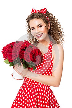 Woman in Red Polka Dots Dress with Flowers Roses Bouquet, Happy Smiling Fashion Model Beauty Portrait on white