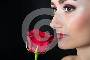 Woman with red rose. Beauty with flower. Sensual beauty. Tender as flower. Skincare and spa treatment. Valentines day