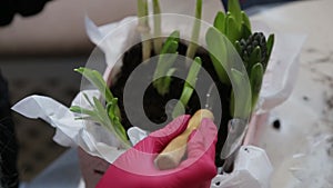 Woman in red rubber gloves leveled the ground in a flower pot between planted flowers