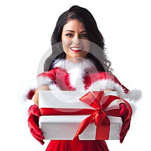 Woman in red Santa Claus outfit giving gift