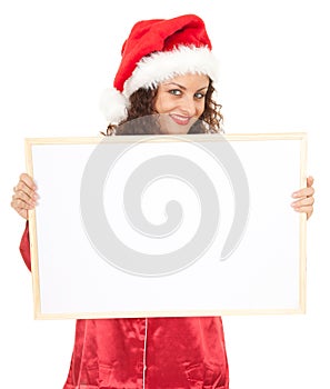 Woman in red Santa hat with blank poster