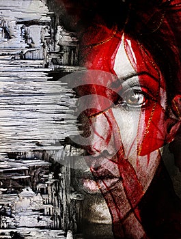 Woman with red scarf portrait composite photo