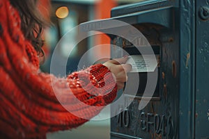 Woman in Red Sweater Mailing a Letter at Blue Postal Box. Warm Tones, Urban Setting. Casual Lifestyle Moment Captured