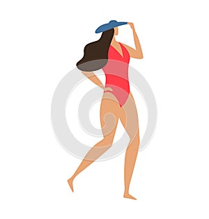 Woman in red swimsuit and blue cap posing. Female swimmer ready to swim. Summer and beach holiday vector illustration