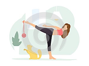 Warrior III pose. Woman doing Yoga with cat