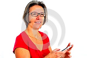 Woman in red t shirt on smartphone in studio