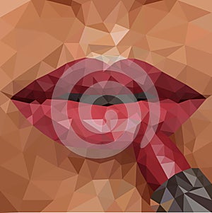 Woman red triangle lips made from polygons. Vector abstract bright geometric illustration on white background.