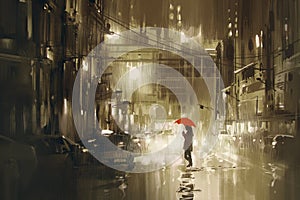 Woman with red umbrella crossing the street,rainy night