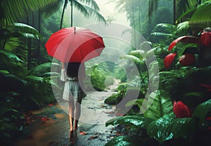 Woman with red umbrella walks through green jungle in rainy Brazilian weather