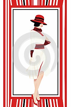 a woman in a red and white striped dress and hat vector