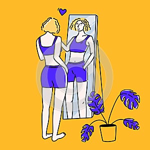 Woman reflection in standing mirror, hand on shoulder. Self support and self love concept line illustration in yellow