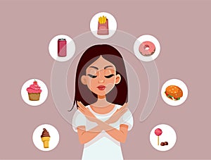Woman Rejecting Unhealthy Fast Food Diet Vector Cartoon Illustration