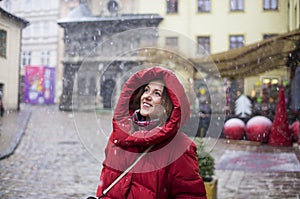 Woman rejoices at the snow