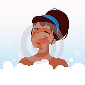 Woman relax in bathroom, flat cartoon