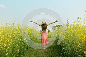 Woman relax flower field.