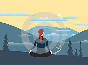 Woman relax in high mountains flat color vector