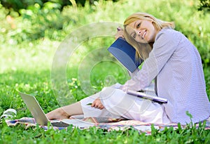 Woman relax nature background. Save time for relax. Create break for yourself. Smart time management. Save your time