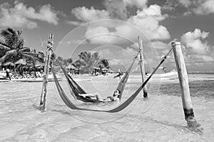 woman relax at sunny summer beach on vacation. woman relax at summer beach