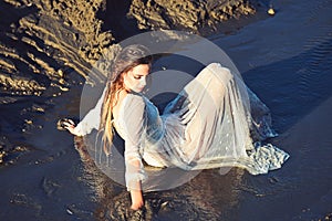 Woman relax in water o sunny day, wellness