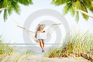 Woman Relaxation Beach Working Enjoyment Concept photo