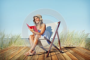 Woman Relaxation Reading Book Beach Concept