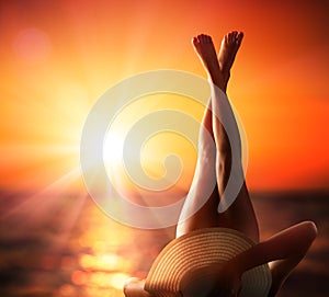 Woman In Relaxation At Sunset