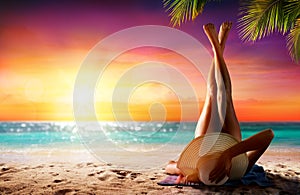 Woman In Relaxation On Tropical Beach