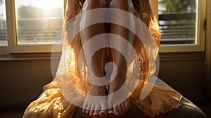 Woman in a relaxed pose with feet propped up against a window, AI-generated.